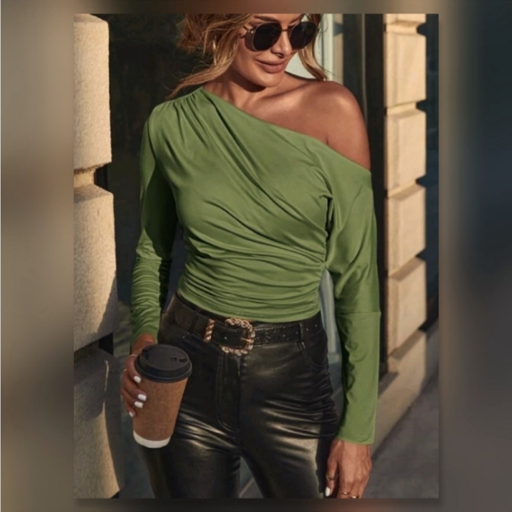 Asymmetrical Off Shoulder Olive Green Top